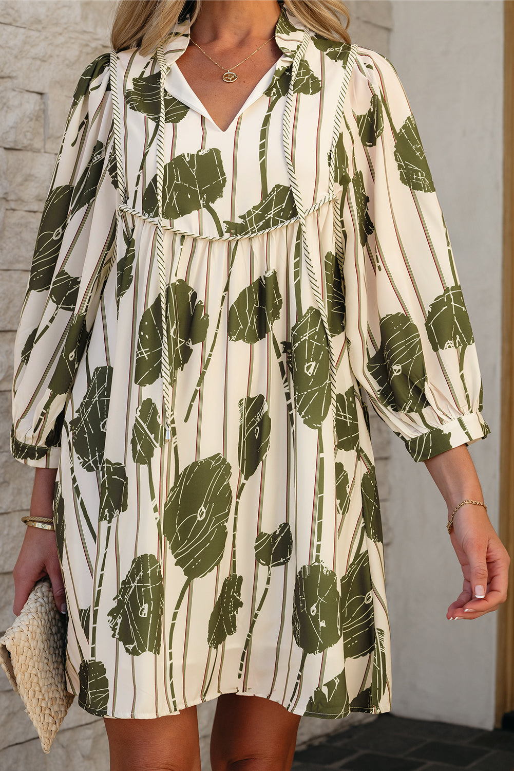 Guacamole Green Floral Striped Print Contrast Piping Puff Sleeve Dress-Bella Boutique Collective