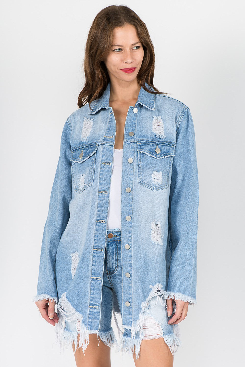 American Bazi Distressed Frayed Hem Denim Jacket-Bella Boutique Collective