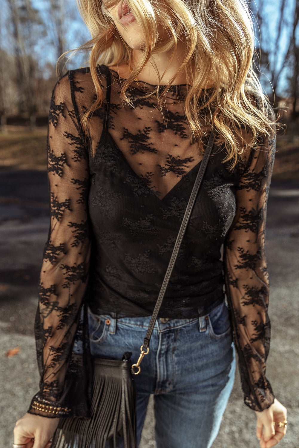 Black Lace Mesh Crochet Splicing Slim Fit Long Sleeve Blouse-Bella Boutique Collective