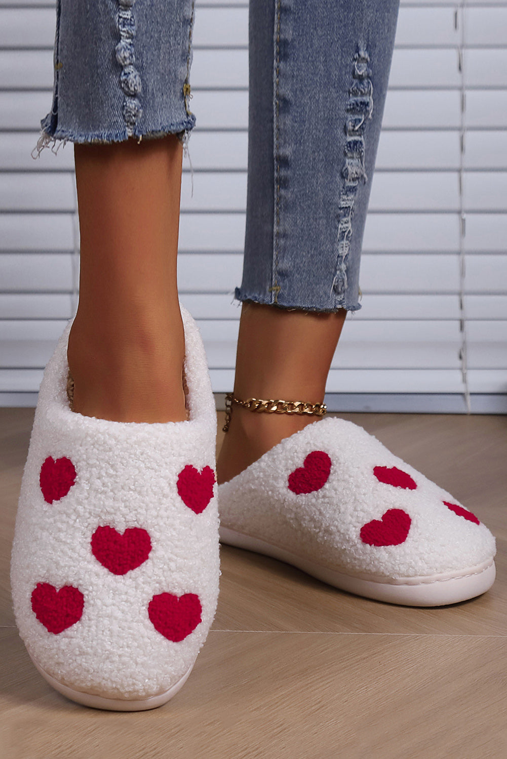 White Valentines Day Hearts Print Plush House Slippers-Bella Boutique Collective