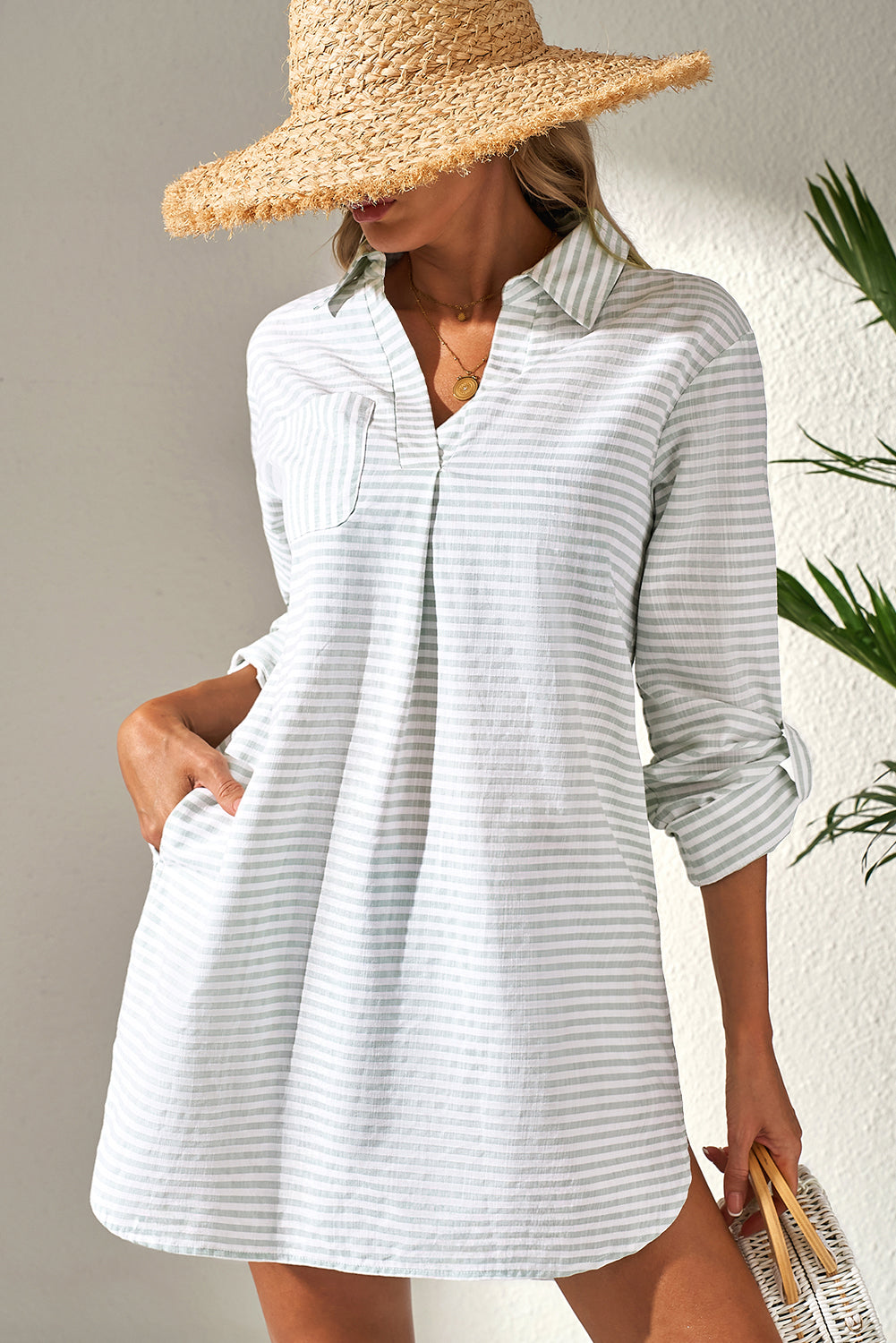 White Stripe Collared V Neck Chest Pocket Long Sleeve Beach Cover up-Bella Boutique Collective