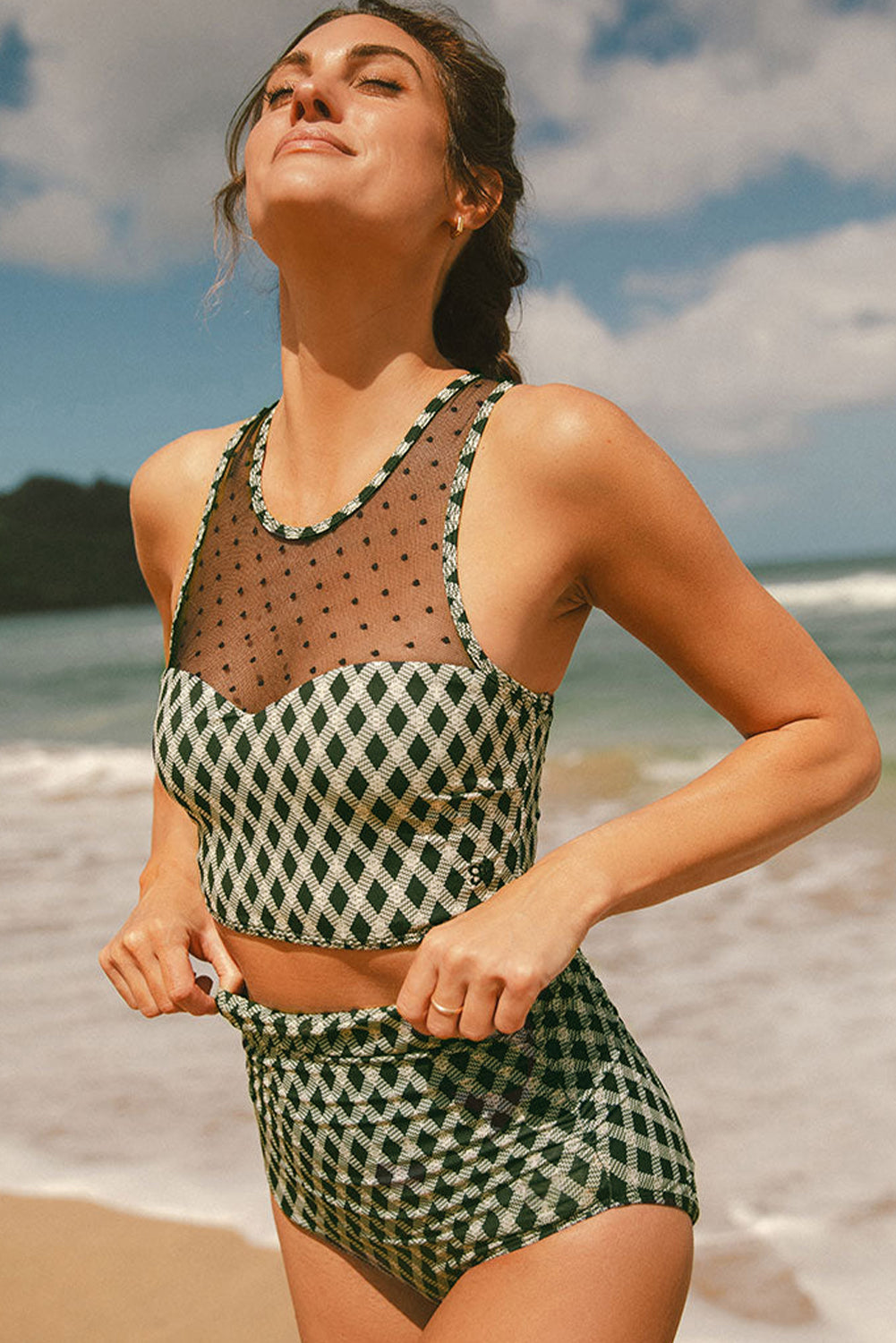 Green Dotted Mesh Plaid Patchwork High Waisted Bikini-Bella Boutique Collective