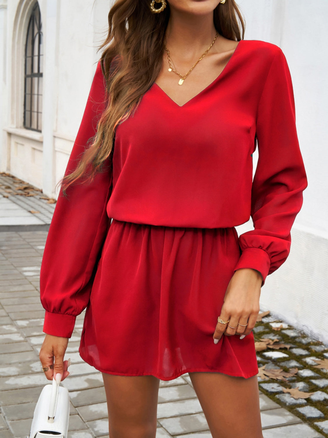 Devine Cutout V-Neck Long Sleeve Mini Dress-Bella Boutique Collective