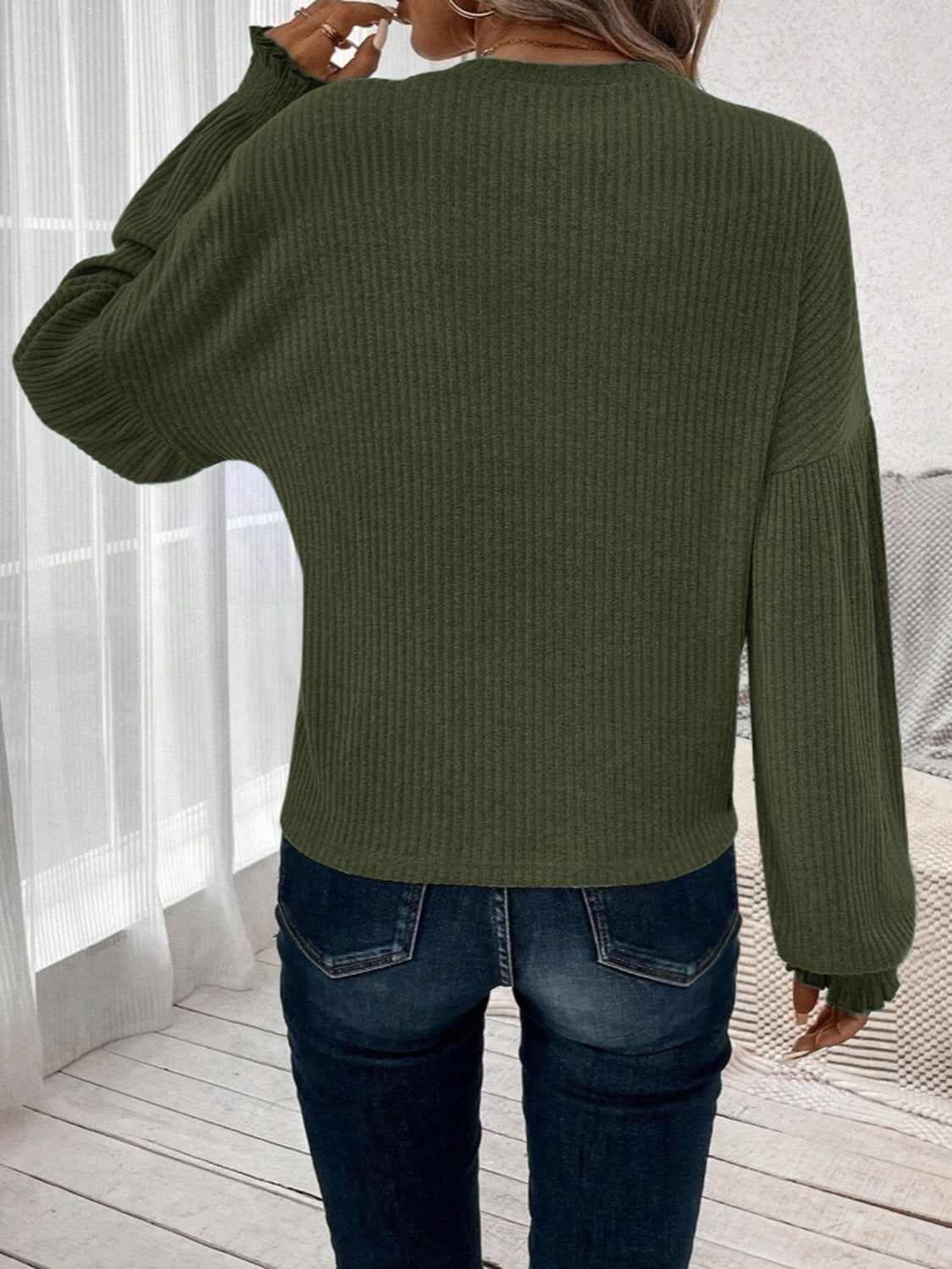 Ribbed Round Neck Lantern Sleeve T-Shirt-Bella Boutique Collective