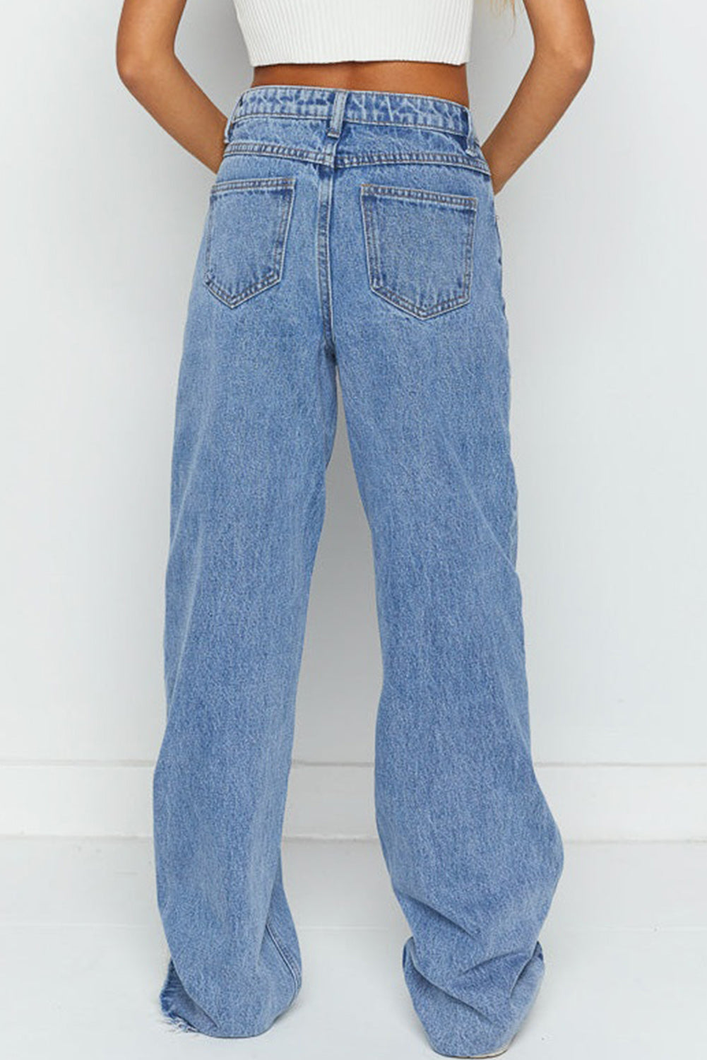 Blue Mid Rise Asymmetrical Waist Wide Leg Jeans-Bella Boutique Collective