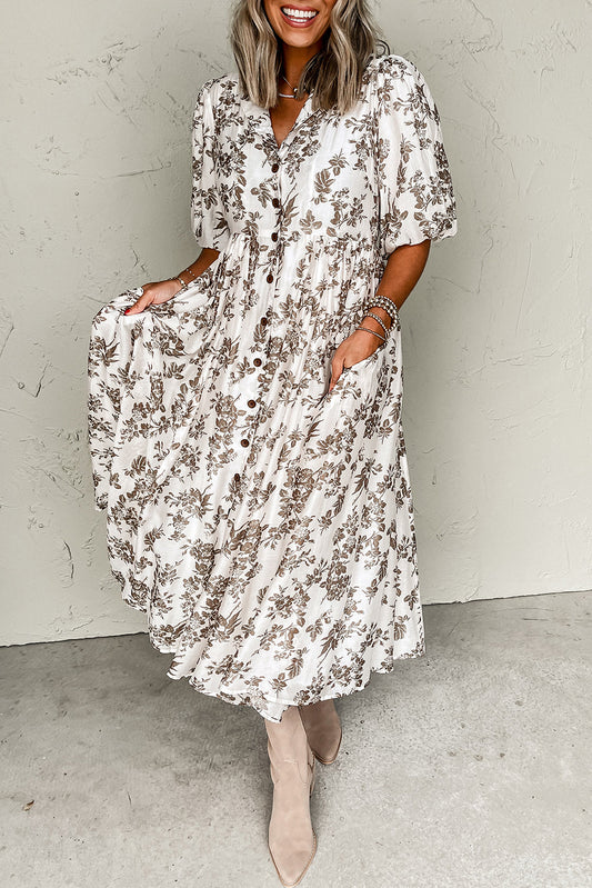 Khaki Floral Puff Sleeve V Neck Buttoned Front Maxi Dress-Bella Boutique Collective
