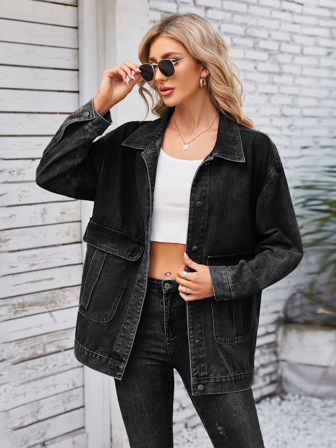Button Up Long Sleeve Denim Jacket-Bella Boutique Collective