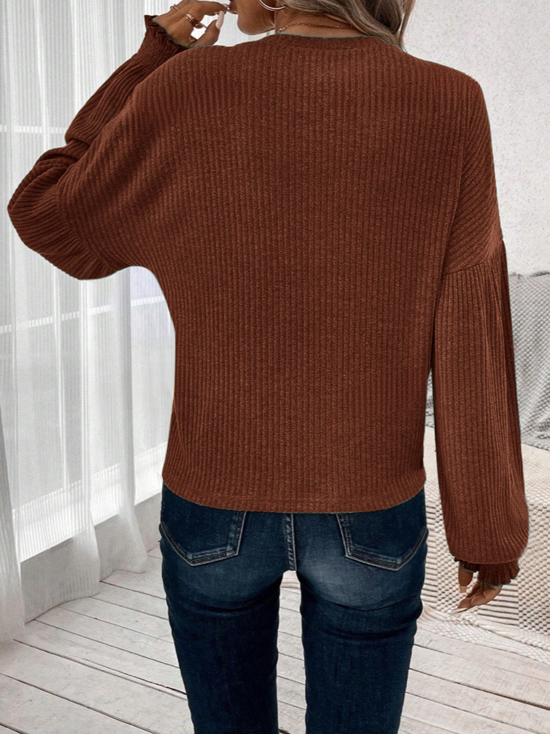Ribbed Round Neck Lantern Sleeve T-Shirt-Bella Boutique Collective