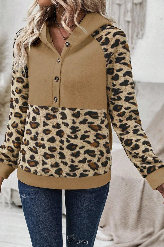 Leopard Half Button Long Sleeve Hoodie-Bella Boutique Collective