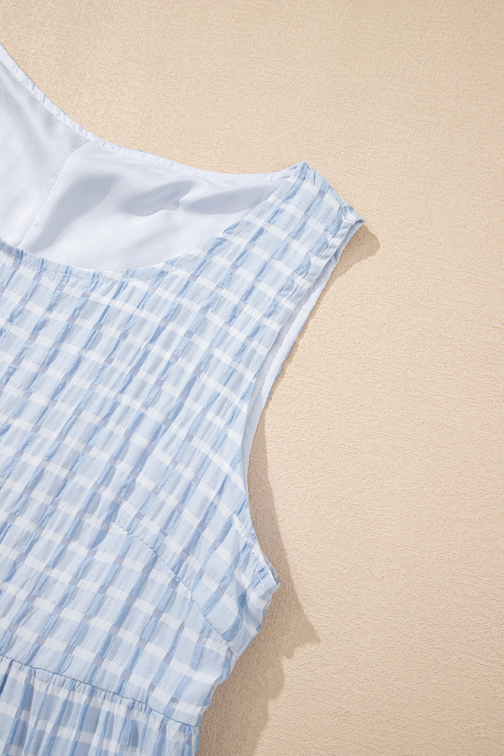 Light Blue Plaid Tiered A-line Sleeveless Mini Sundress-Bella Boutique Collective