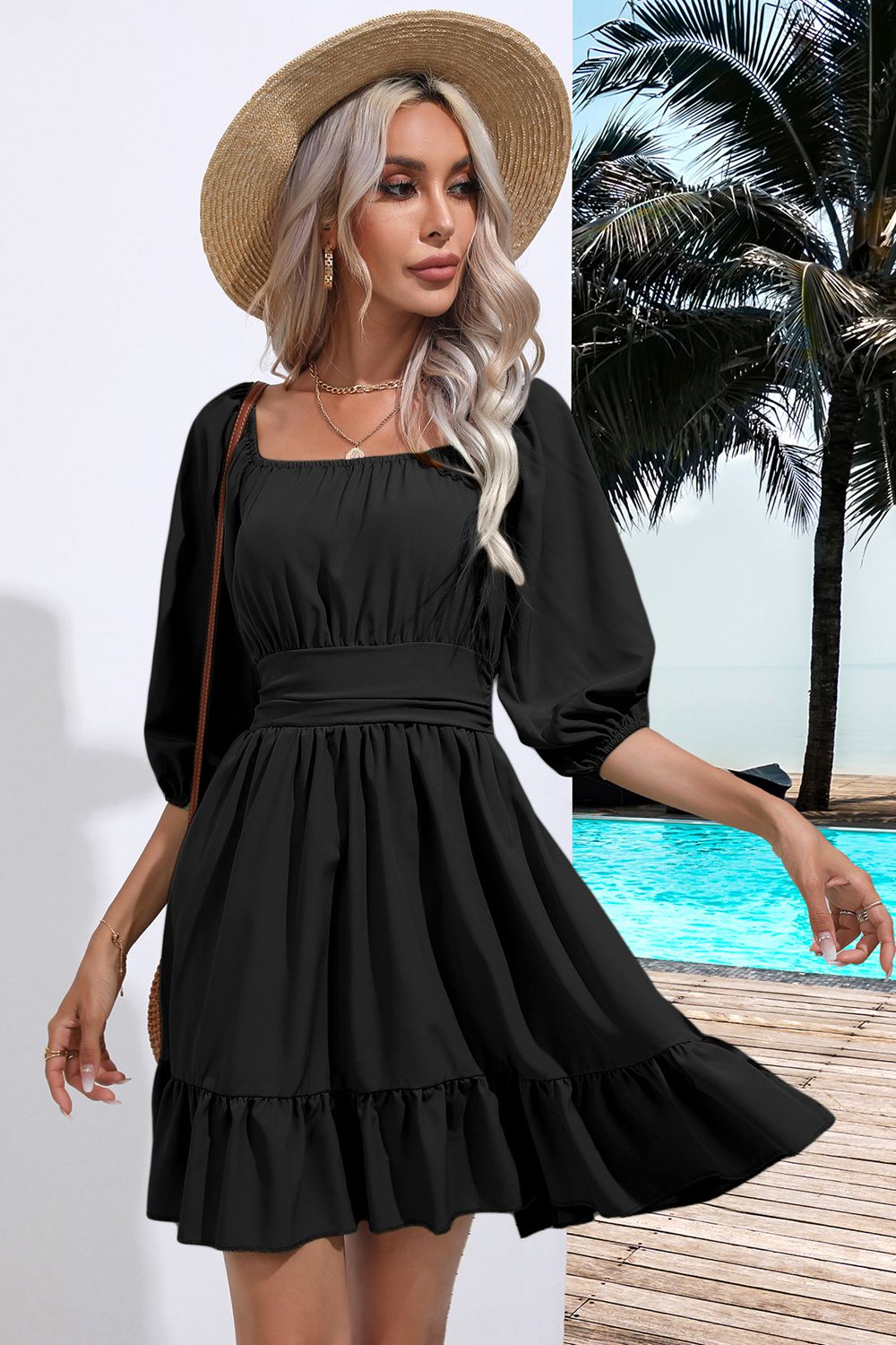 Square Neck Tie Back Ruffle Hem Dress-Bella Boutique Collective