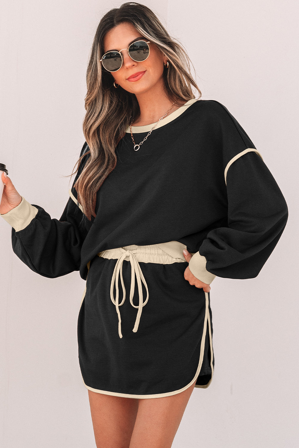 Black Color Contrast Loose Pullover and Lace-up Waist Skort Set-Bella Boutique Collective