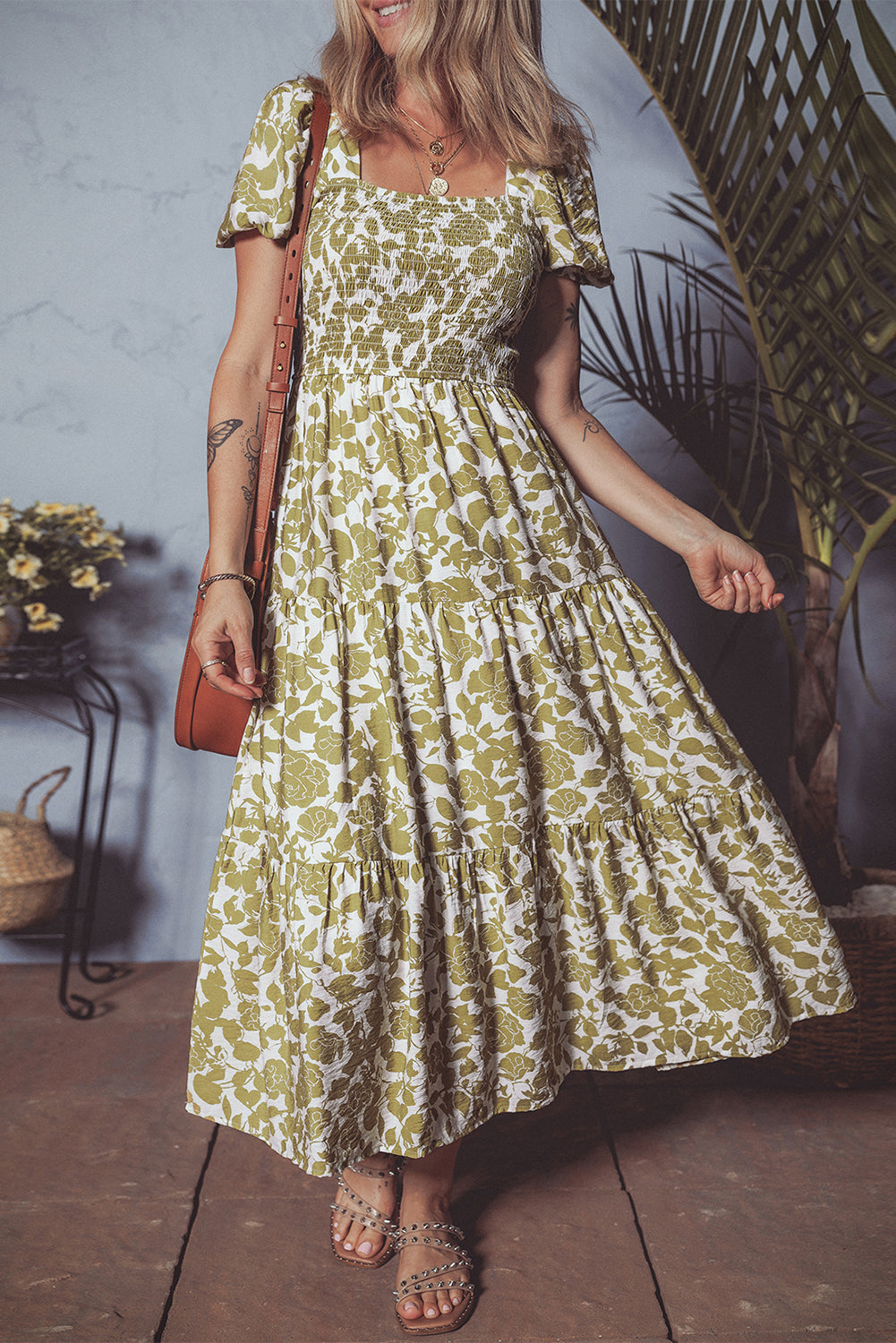 Yellow Boho Floral Square Neck Smocked Bust Puff Sleeve Tiered Long Dress-Bella Boutique Collective
