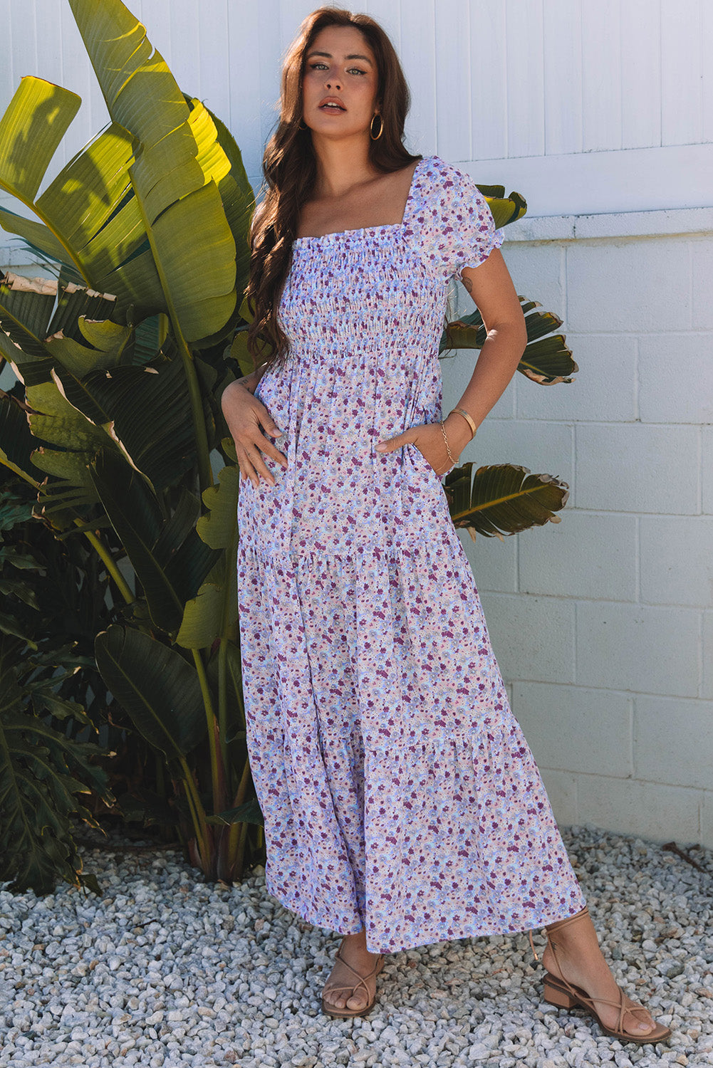 Purple Floral Short Bubble Sleeve Shirred High Waist Maxi Dress-Bella Boutique Collective