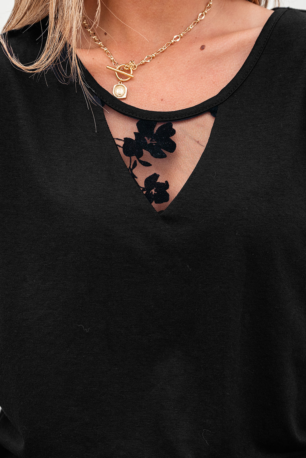 Black Flora Lace Patchwork Crew Neck T Shirt-Bella Boutique Collective