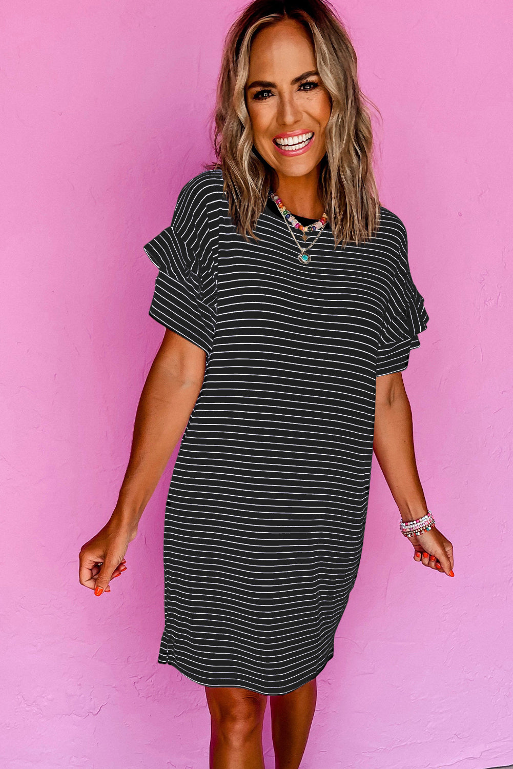 Black Stripe Ruffled Short Sleeve Crew Neck T Shirt Shift Mini Dress-Bella Boutique Collective