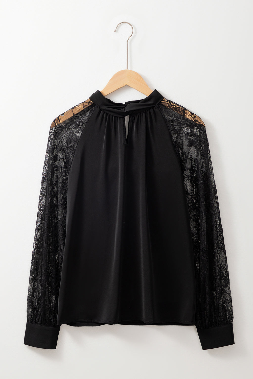 Black Keyhole Neckline Floral Lace Raglan Sleeve Blouse-Bella Boutique Collective