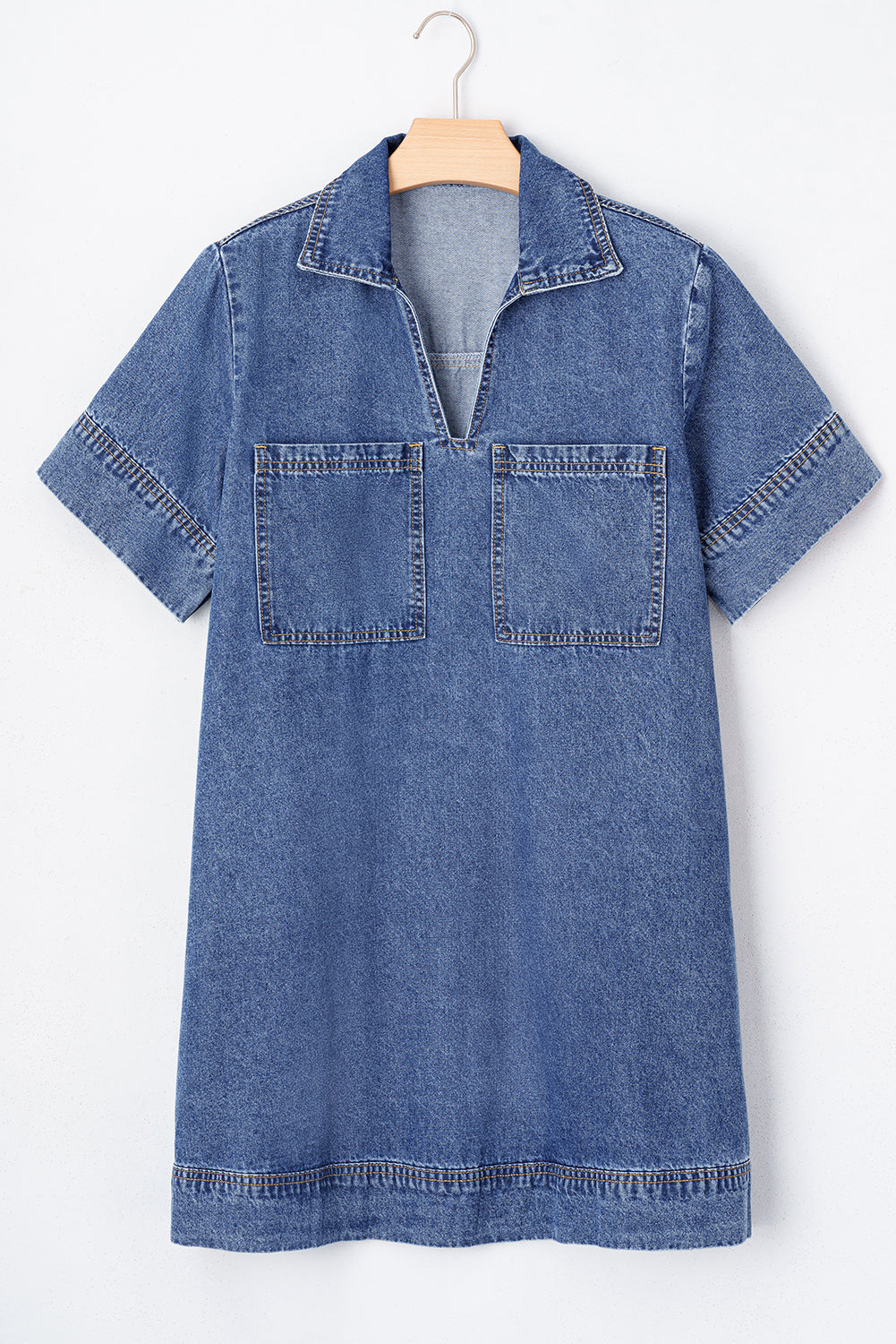 Blue Short Sleeve Collared Patched Pocket Denim Mini Dress-Bella Boutique Collective