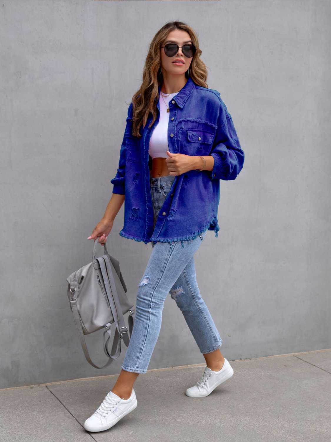 Distressed Drop Shoulder Denim Jacket-Bella Boutique Collective