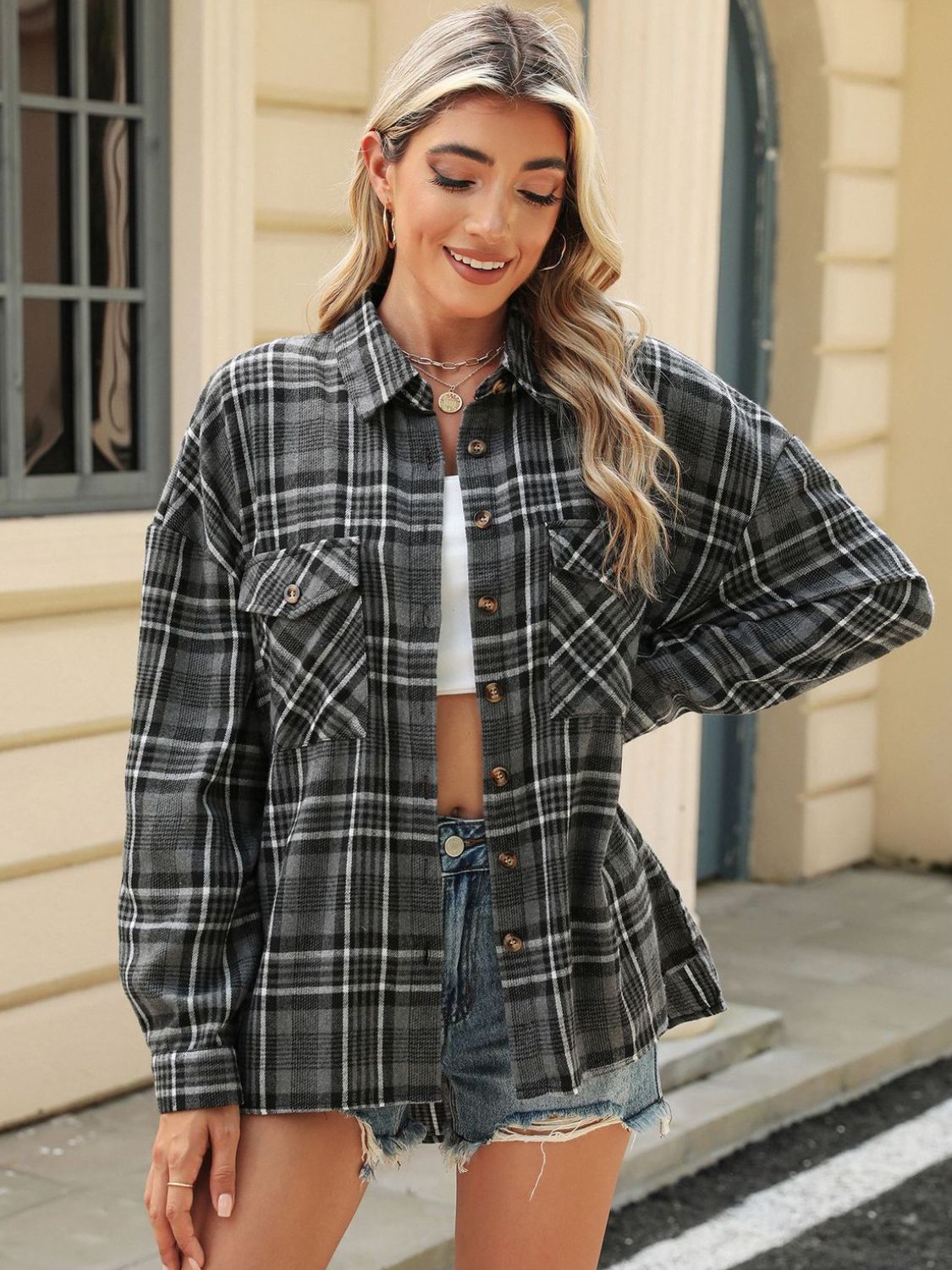 Pocketed Plaid Collared Neck Long Sleeve Shirt-Bella Boutique Collective