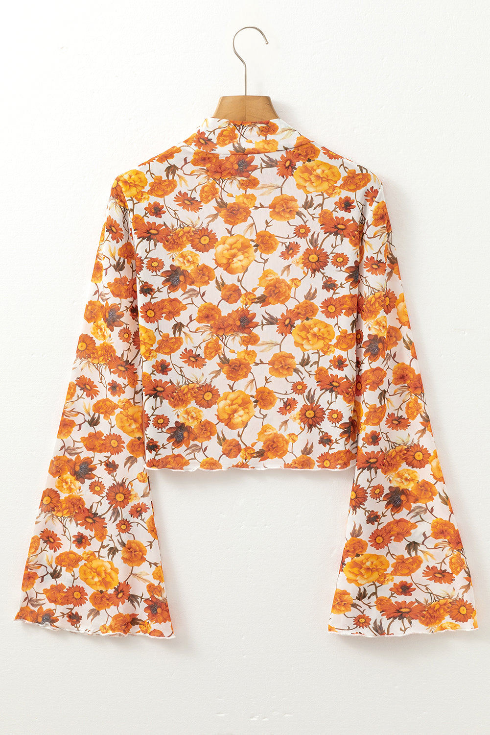 Orange Floral Printed Bell Sleeve Mock Neck Scallop Trim Blouse-Bella Boutique Collective