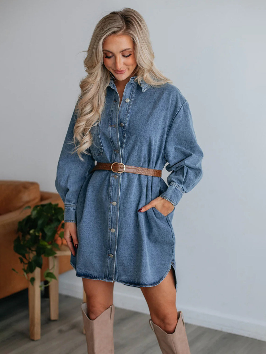 Button Up Collared Neck Long Sleeve Denim Dress-Bella Boutique Collective