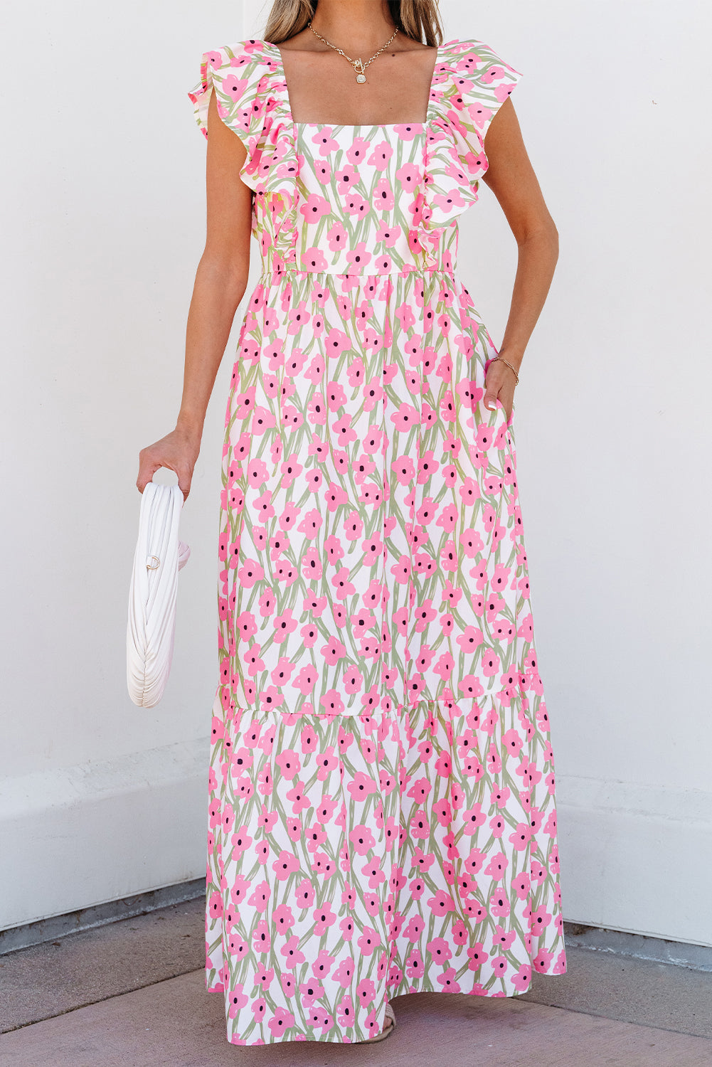 Pink Floral Print Square Neck Ruffled Strap Maxi Dress-Bella Boutique Collective