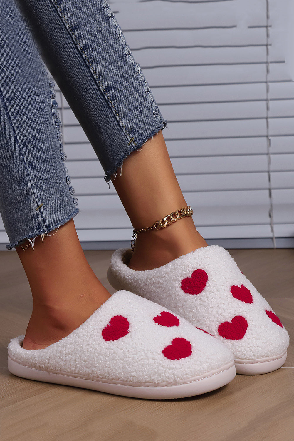 White Valentines Day Hearts Print Plush House Slippers-Bella Boutique Collective