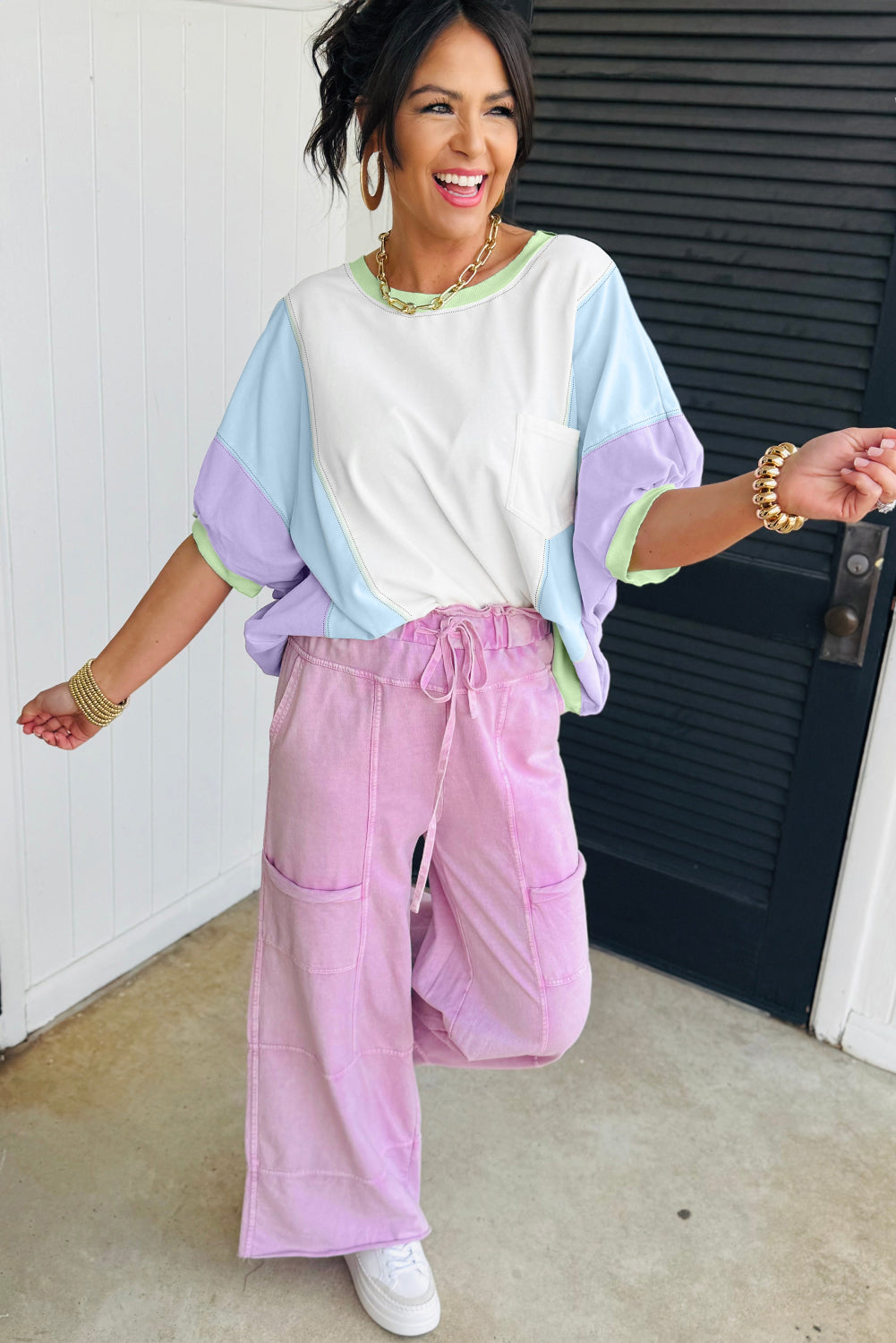 White Color Block Patchwork Half Sleeve Oversized T Shirt-Bella Boutique Collective