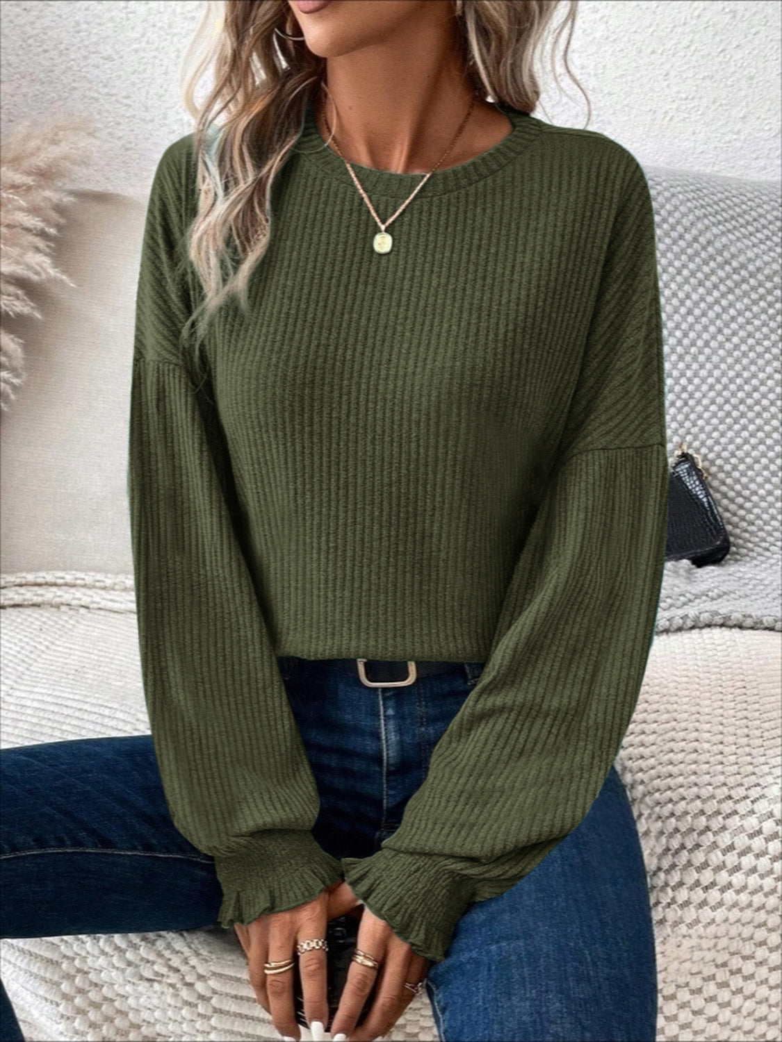 Ribbed Round Neck Lantern Sleeve T-Shirt-Bella Boutique Collective