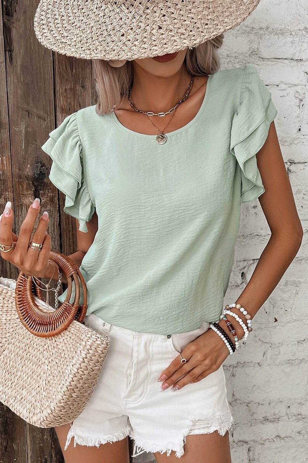 Clearly Aqua Solid Color Ruffled Short Sleeve Casual Blouse-Bella Boutique Collective