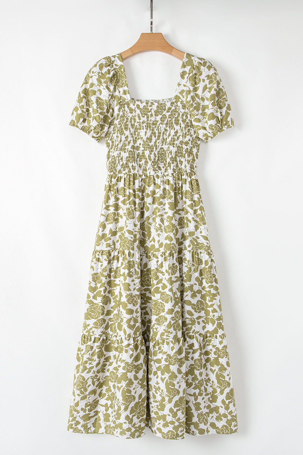Yellow Boho Floral Square Neck Smocked Bust Puff Sleeve Tiered Long Dress-Bella Boutique Collective