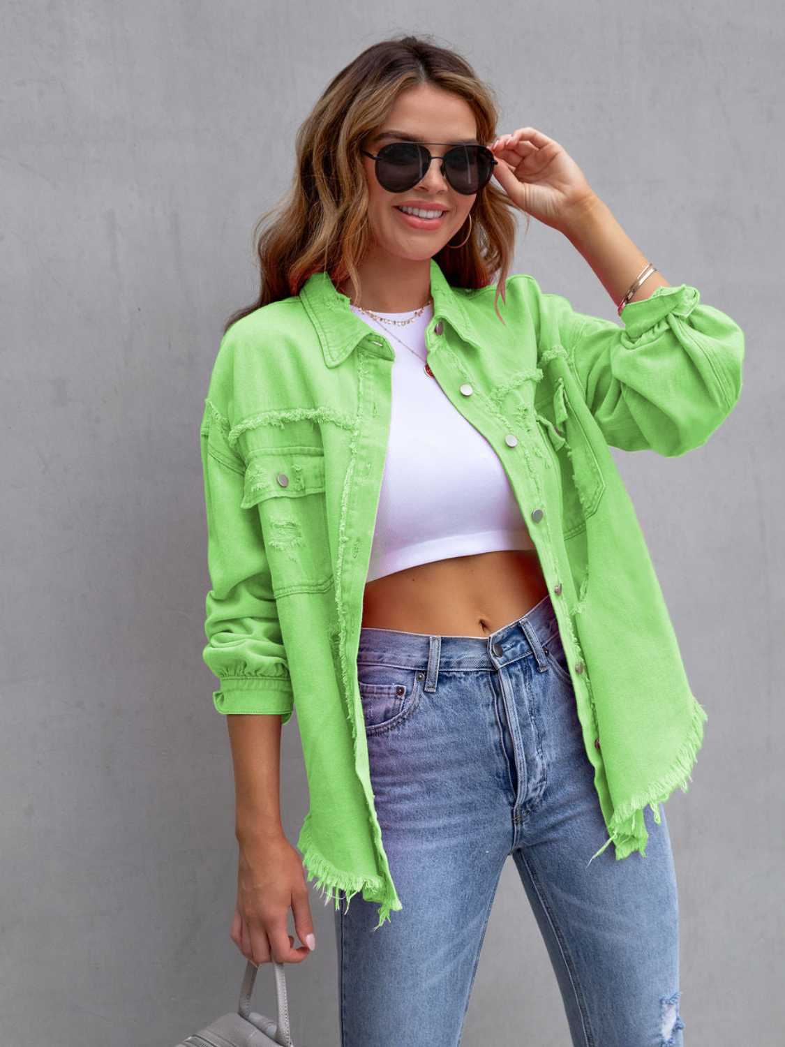 Distressed Drop Shoulder Denim Jacket-Bella Boutique Collective