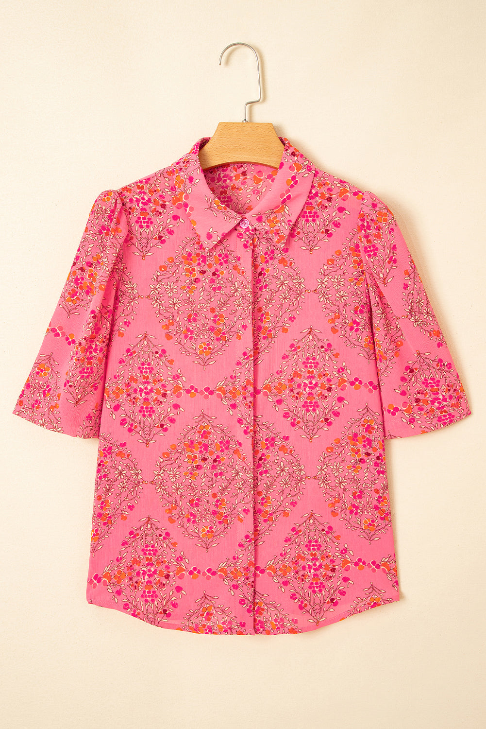 Rose Red Floral Print Wide Short Sleeve Loose Shirt-Bella Boutique Collective
