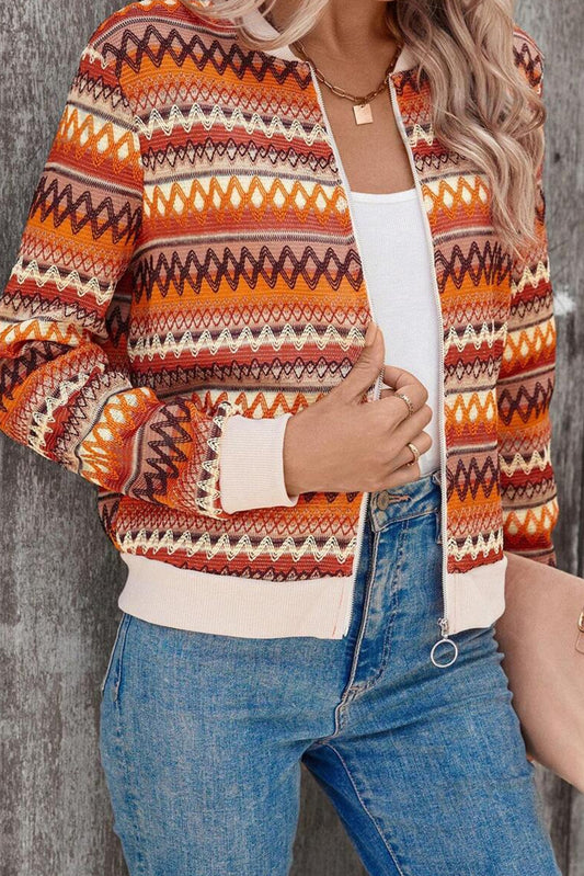 Orange Boho Striped Zip Up Long Sleeve Jacket-Bella Boutique Collective