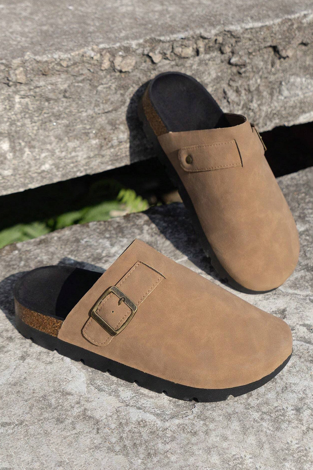 Light French Beige Suede Buckle Detail Slippers-Bella Boutique Collective