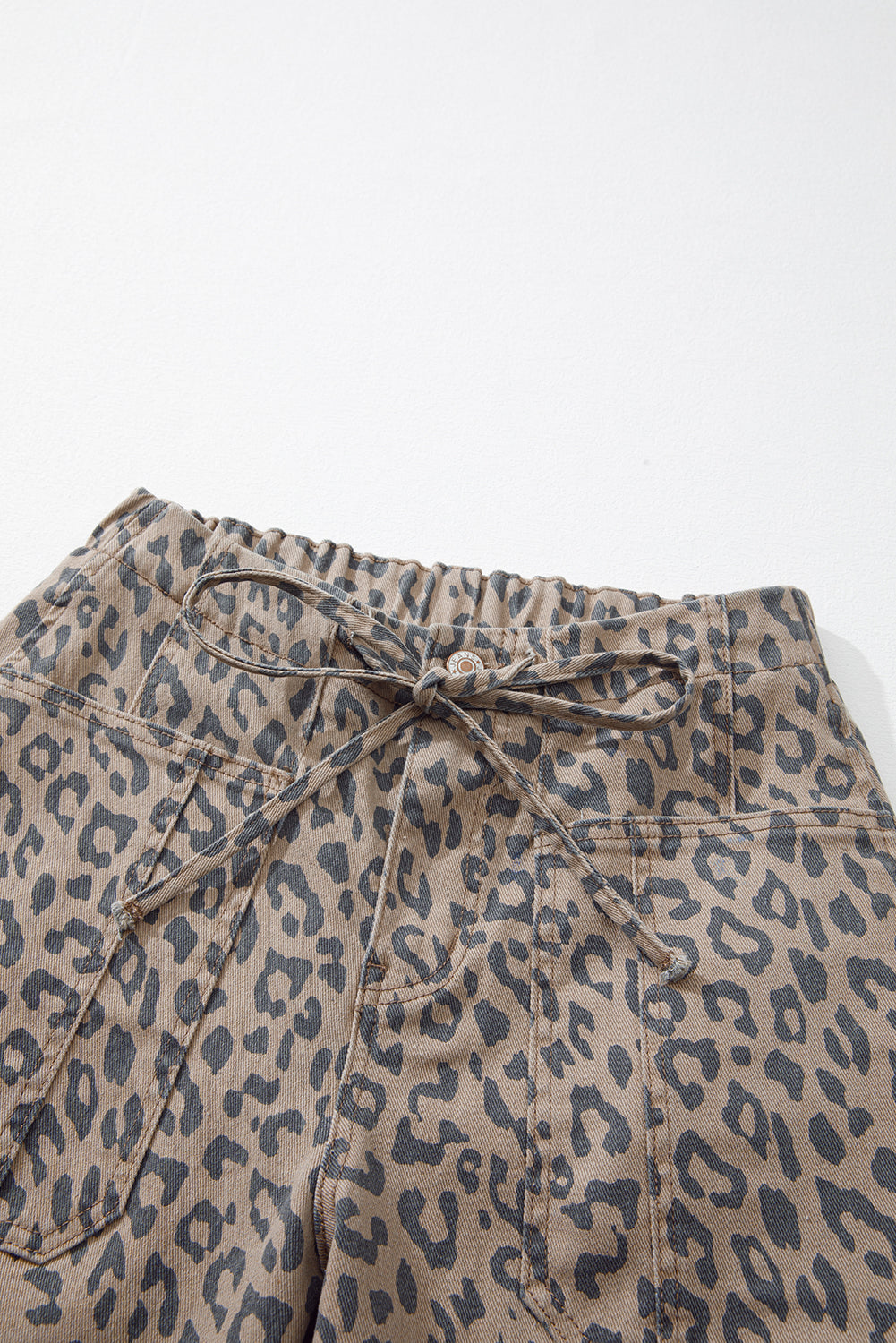 Khaki Leopard Printed Drawstring Waist Pocketed Wide Leg Jeans-Bella Boutique Collective