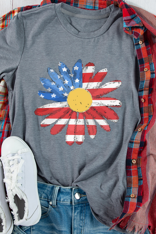 Gray Flag Pattern Sunflower Graphic Crew Neck Tee-Bella Boutique Collective
