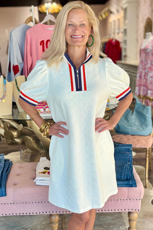 White Textured Jacquard Colorblock Edge Puff Sleeve Quarter Zip Mini Dress-Bella Boutique Collective