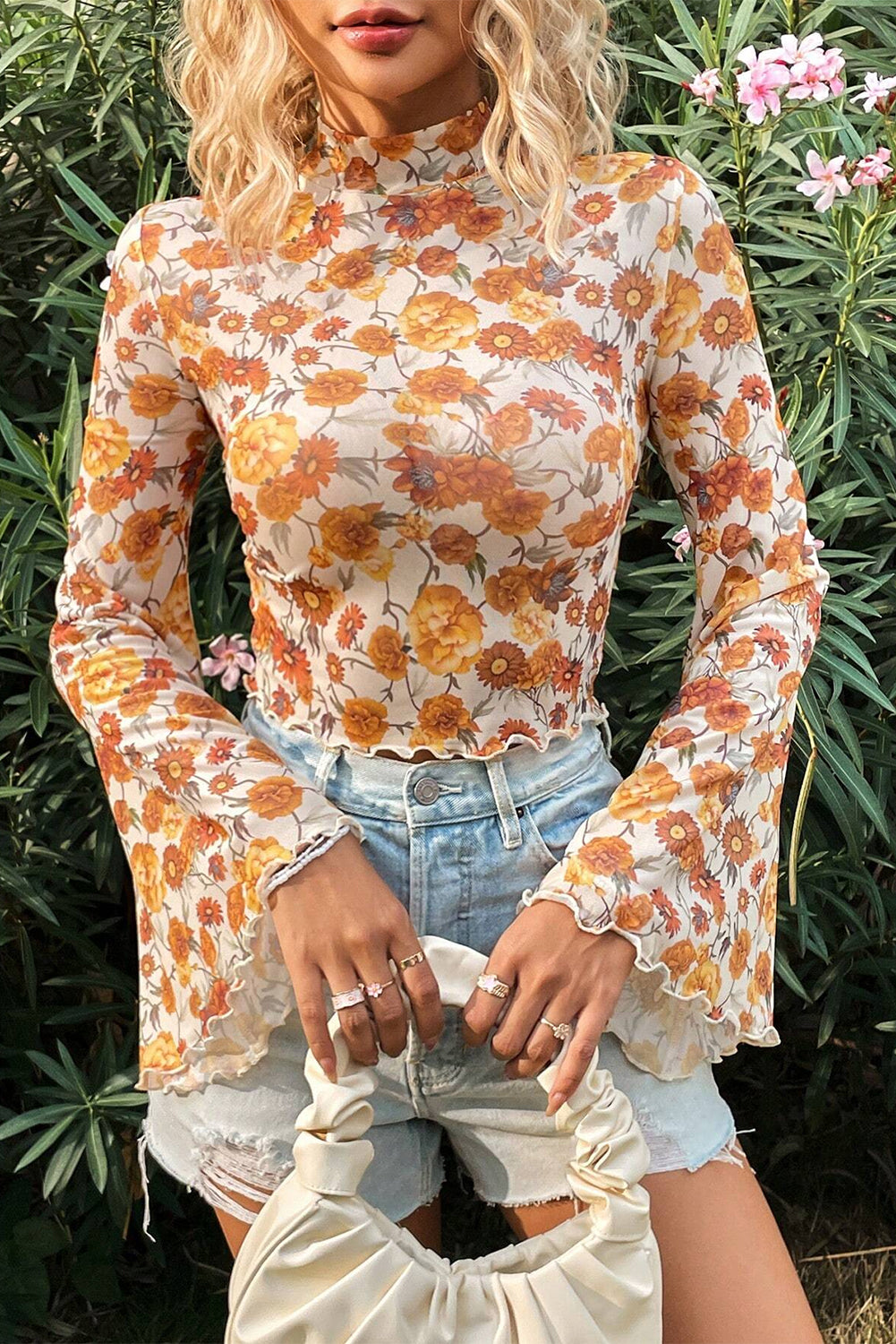 Orange Floral Printed Bell Sleeve Mock Neck Scallop Trim Blouse-Bella Boutique Collective