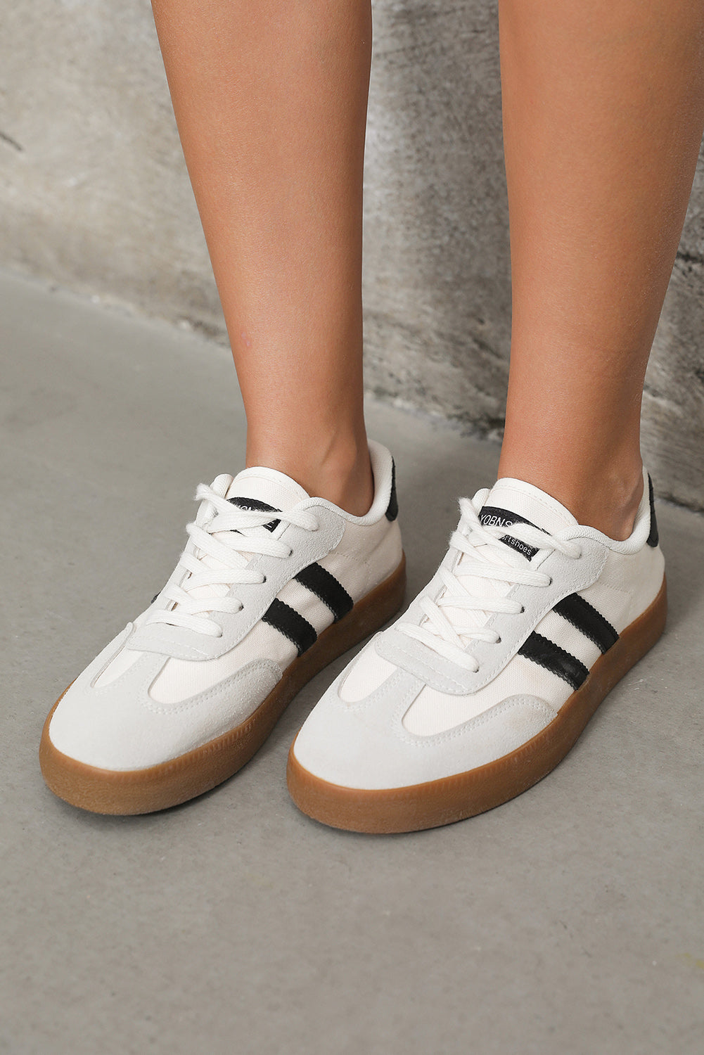 White Striped Lace-up Flat Sneakers-Bella Boutique Collective