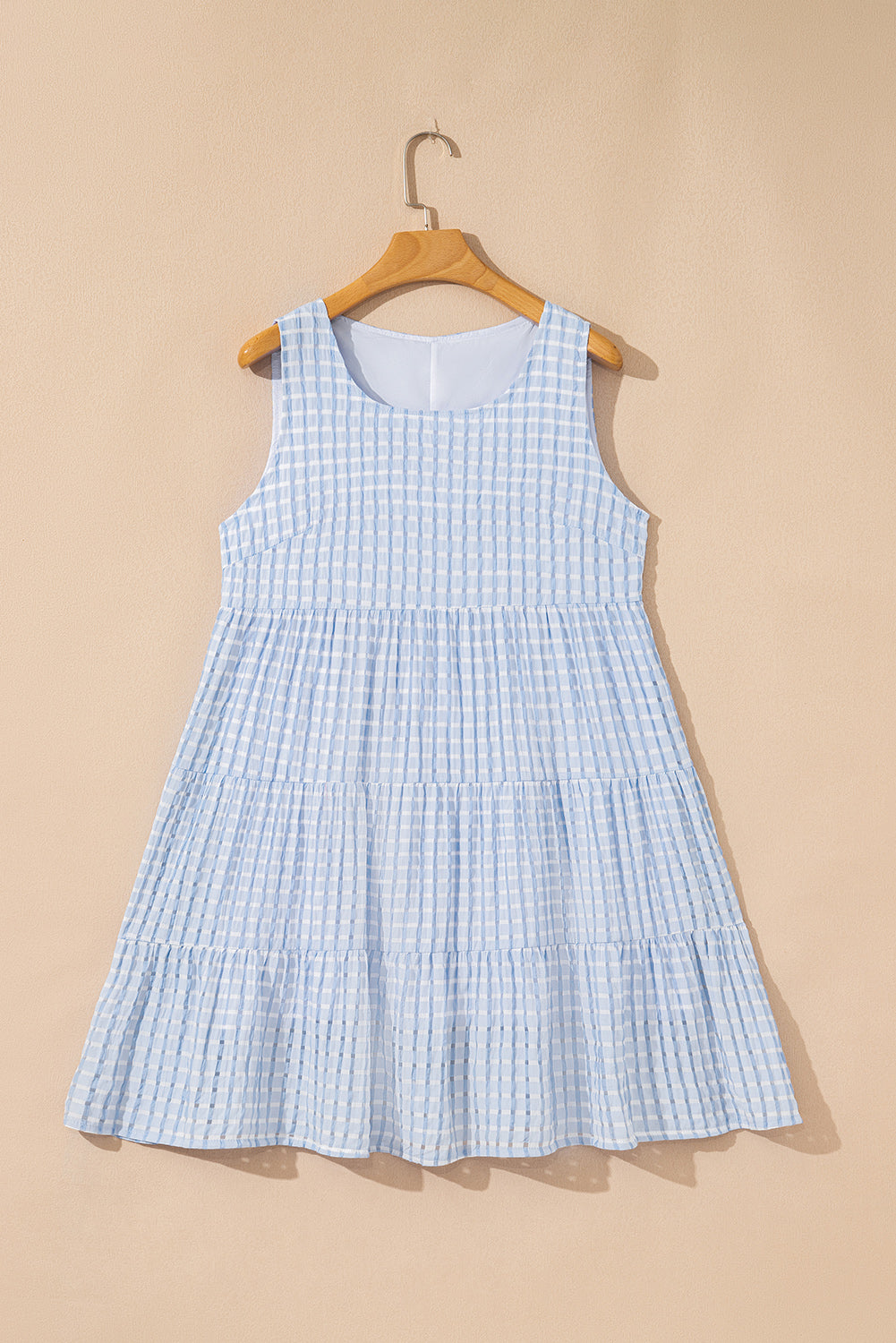 Light Blue Plaid Tiered A-line Sleeveless Mini Sundress-Bella Boutique Collective