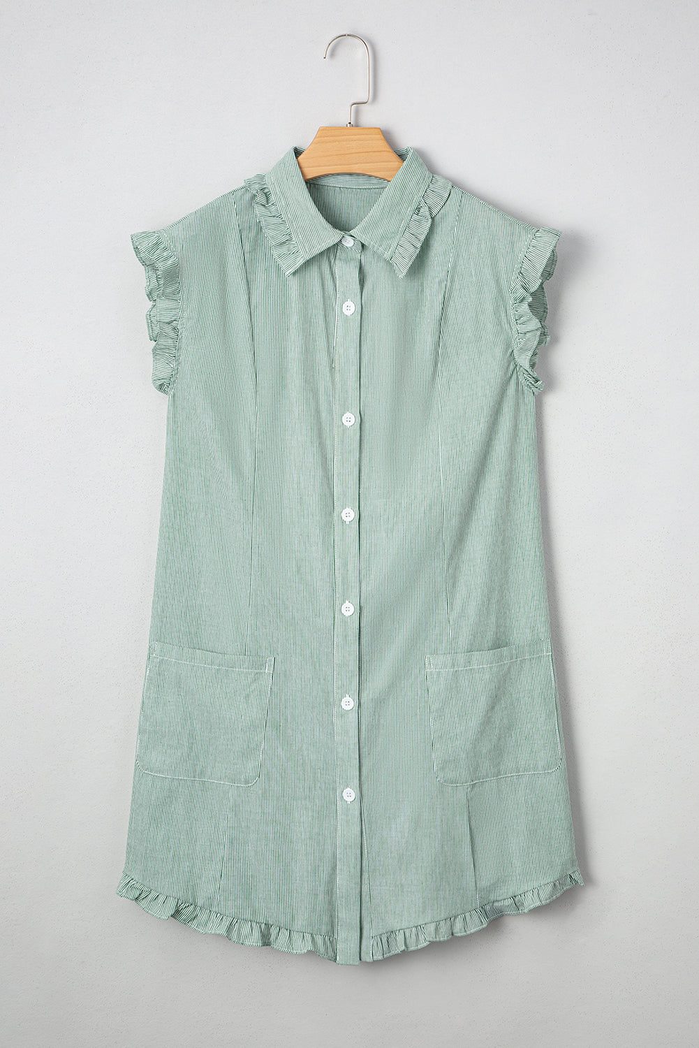 Green Stripe Frilled Sleeveless Collar Front Pocket Button Up Mini Dress-Bella Boutique Collective