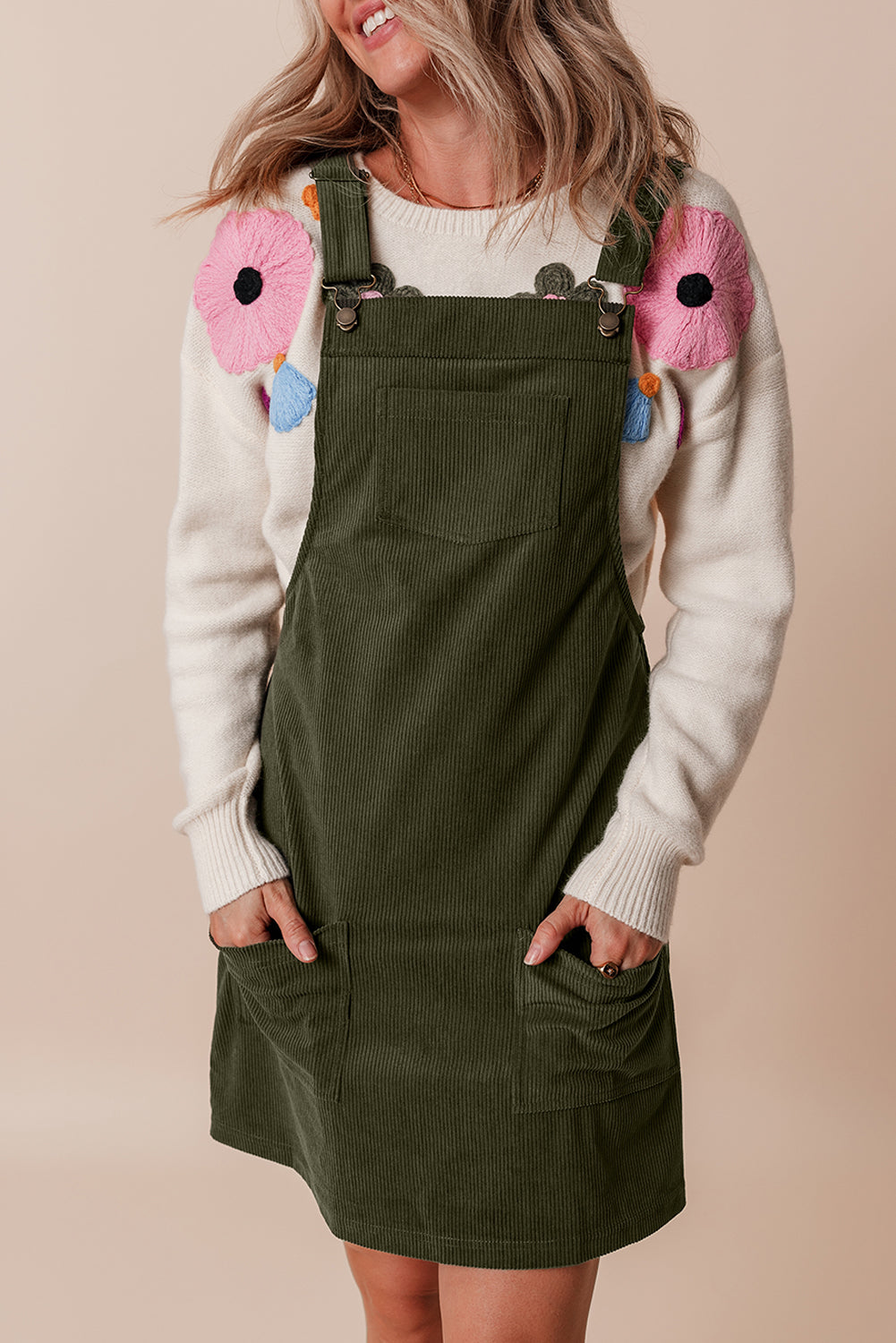 Vineyard Green Solid Front Pockets Sleeveless Corduroy Overall Dress-Bella Boutique Collective