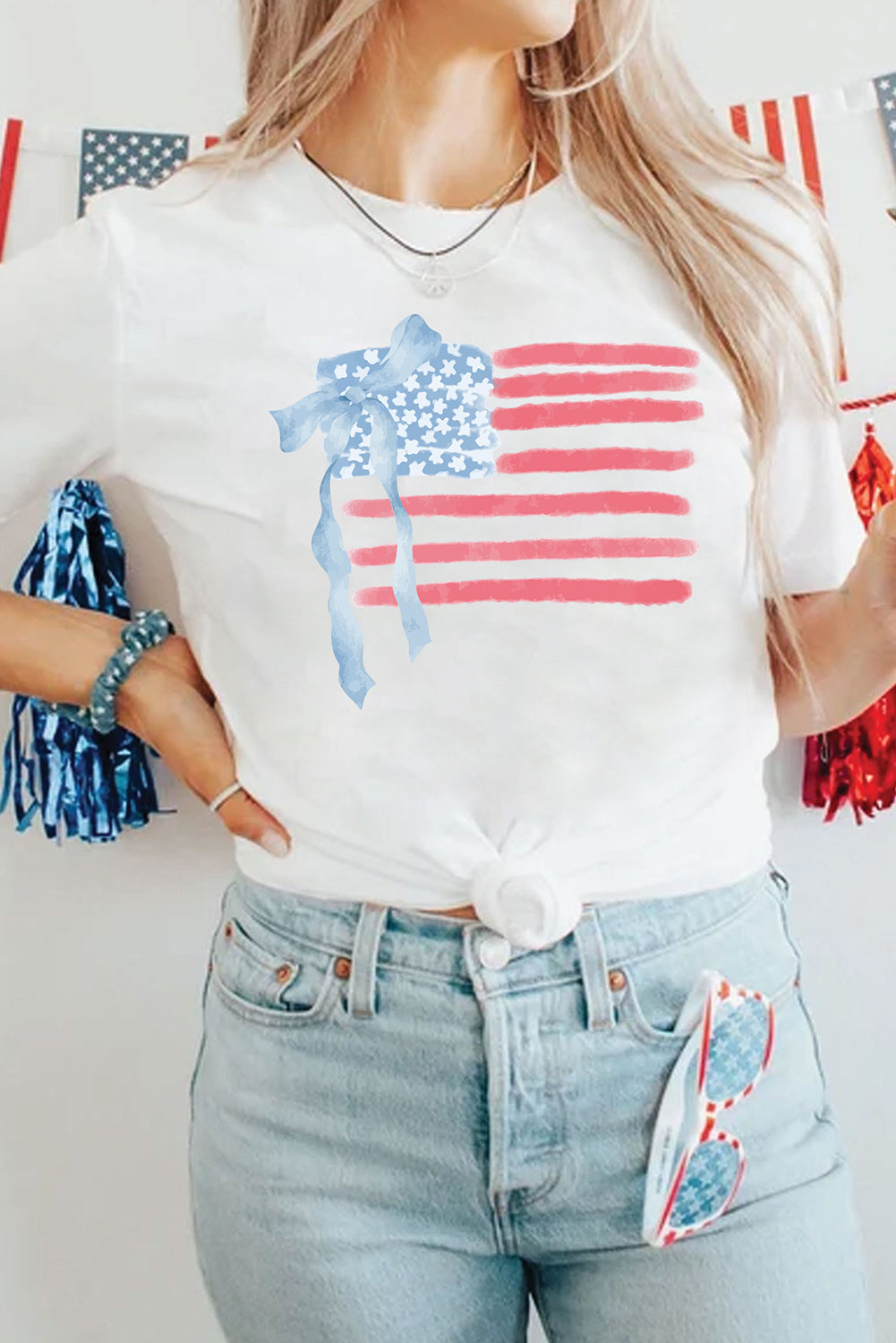White American Flag Bow Knot Print Crew Neck T Shirt-Bella Boutique Collective