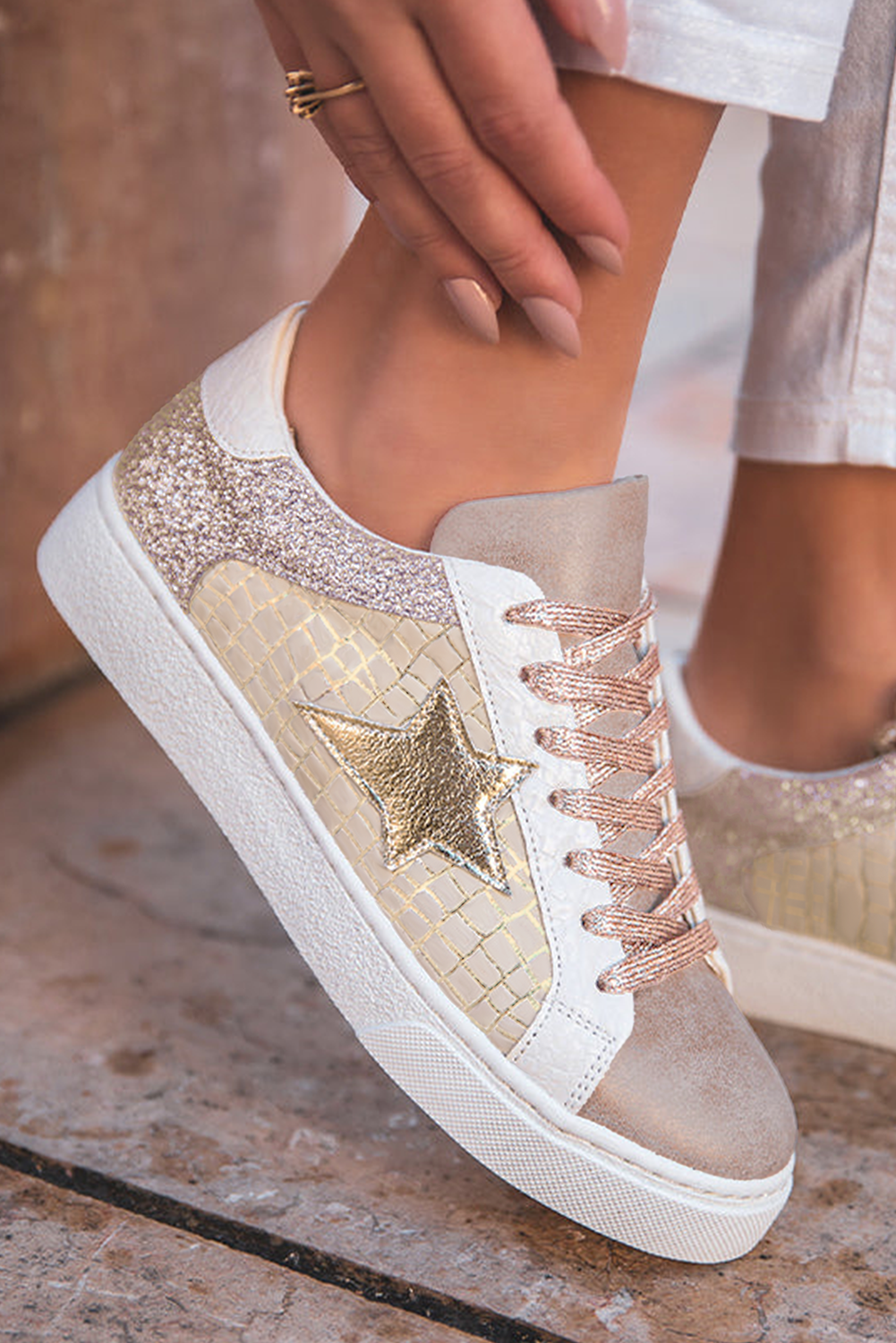 Gold Glitter Star Patchwork PU Leather Lace-up Sneakers-Bella Boutique Collective