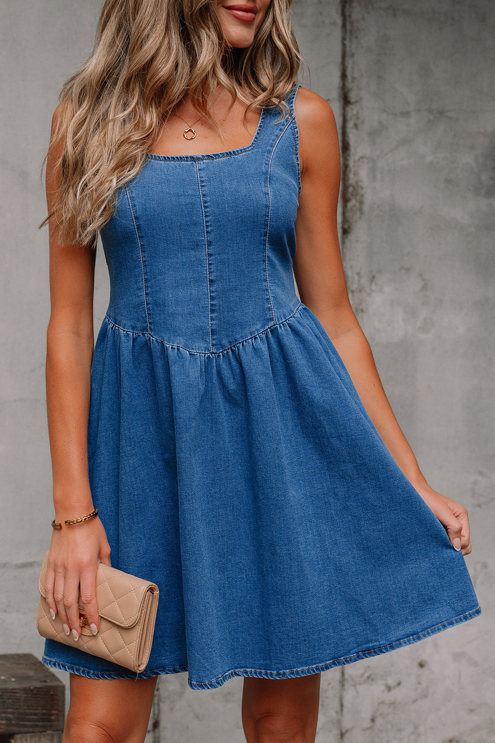 Sail Blue Square Neck Bowknot A-line Sleeveless Denim Dress-Bella Boutique Collective