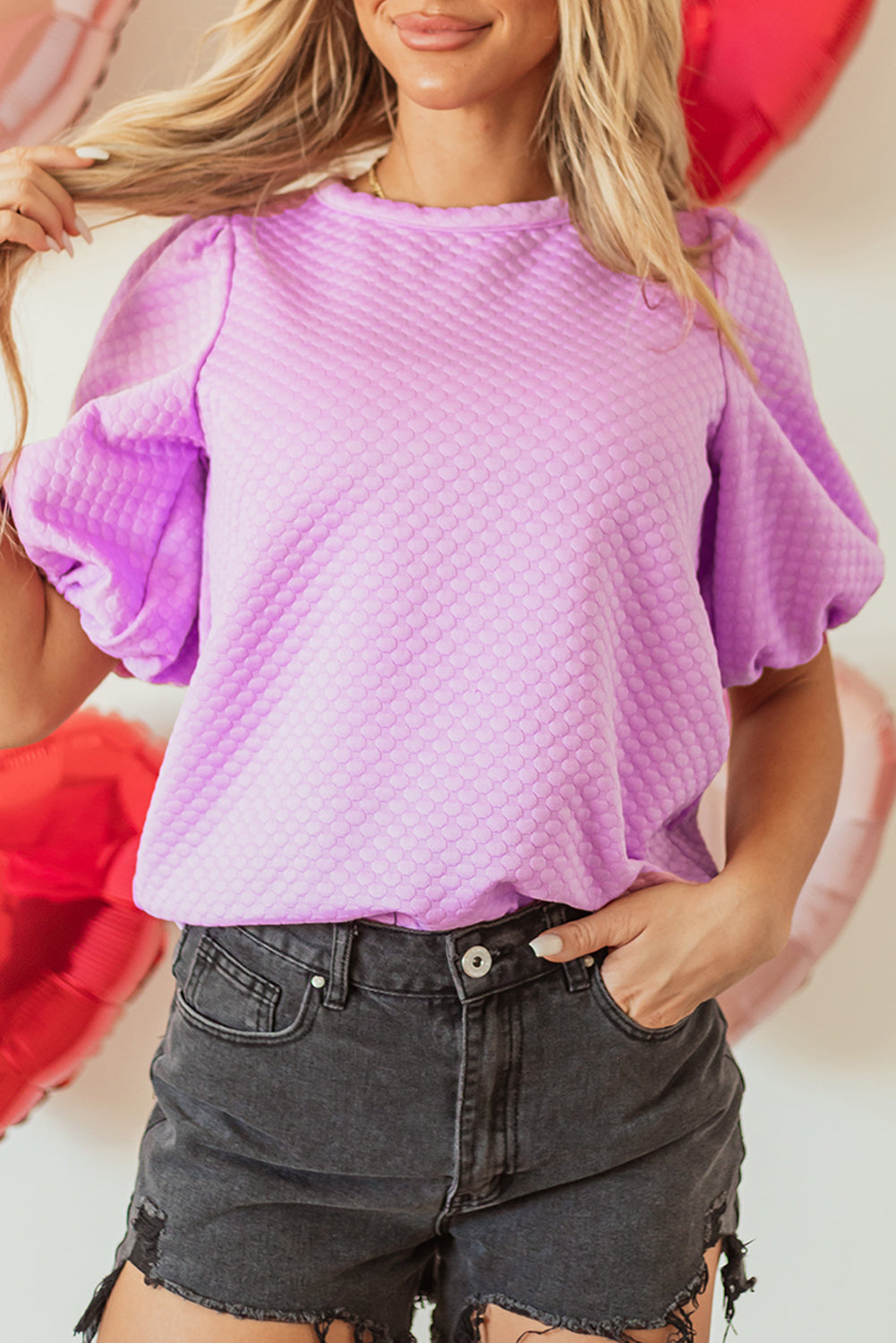 Phalaenopsis Solid Textured O Neck Puff Sleeve Blouse-Bella Boutique Collective