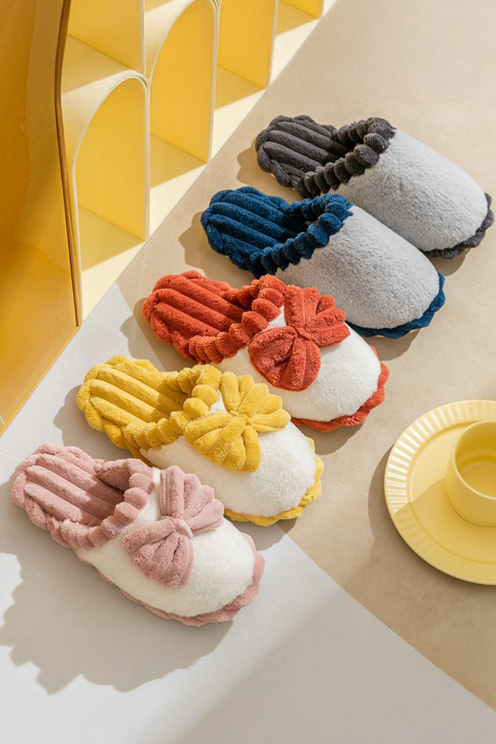 Fushia Bow Decor Color Block Ribbed Plush Slippers-Bella Boutique Collective