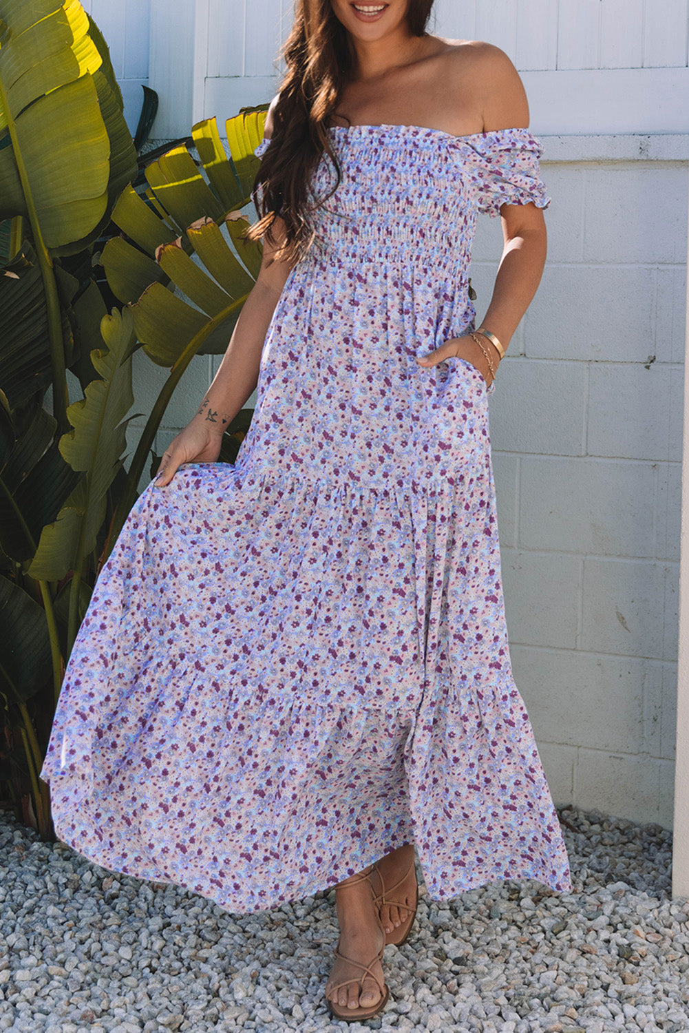 Purple Floral Short Bubble Sleeve Shirred High Waist Maxi Dress-Bella Boutique Collective